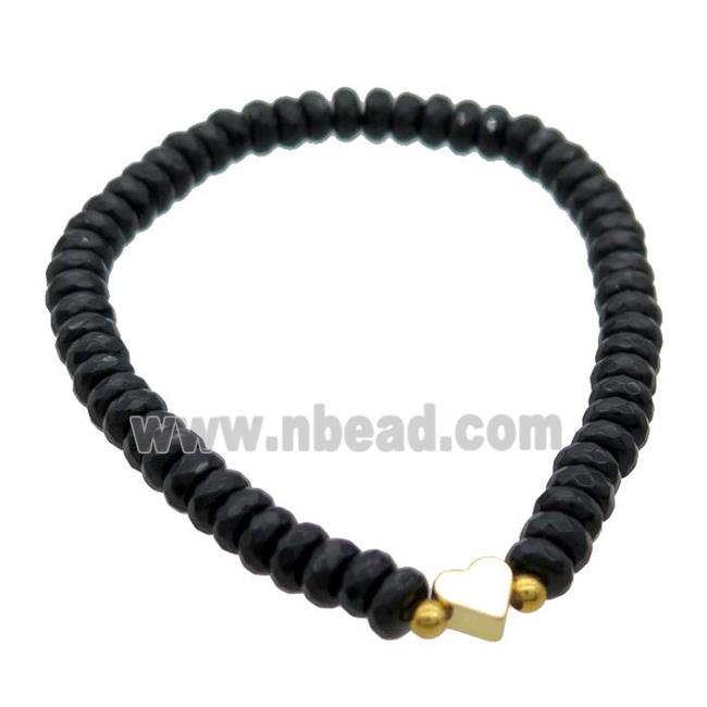 Black Onyx Agate Bracelet Rondelle Stretchy Heart