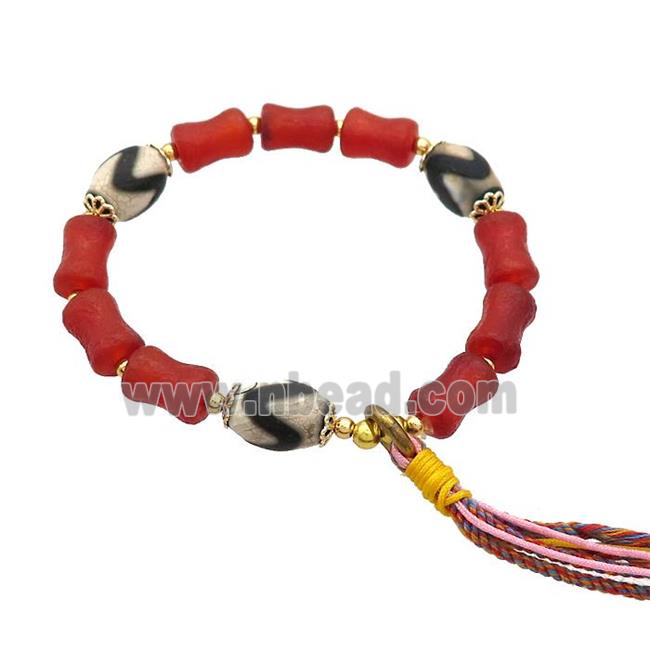 Tibetan Agate Bracelets With Tassel Red Dye Stretchy