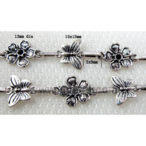 Antique Silver Alloy Chain, Flower, Butterfly
