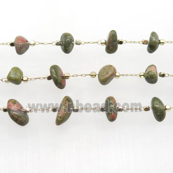 Unakite chip bead chain, gold plated