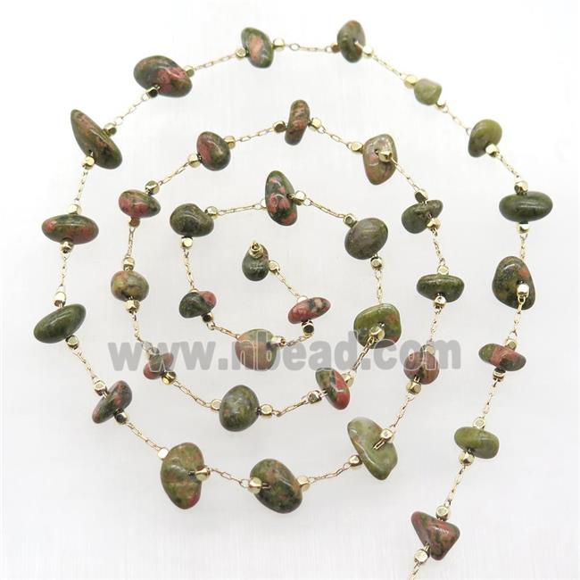 Unakite chip bead chain, gold plated