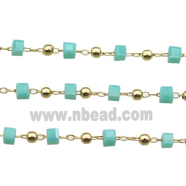 copper chain with green crystal glass cube beads, gold plated