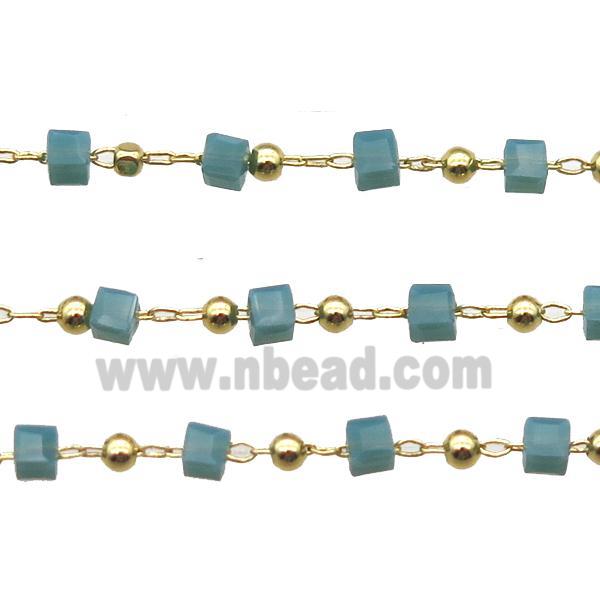 copper chain with green crystal glass cube beads, gold plated