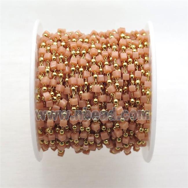 copper chain with peach crystal glass cube beads, gold plated