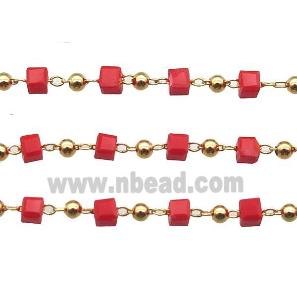copper chain with red crystal glass cube beads, gold plated