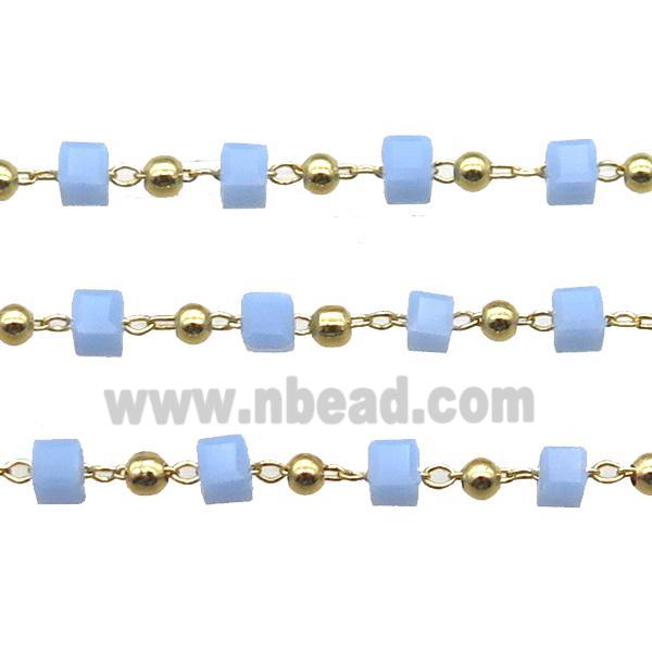 copper chain with blue crystal glass cube beads, gold plated