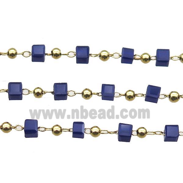 copper chain with blue crystal glass cube beads, gold plated