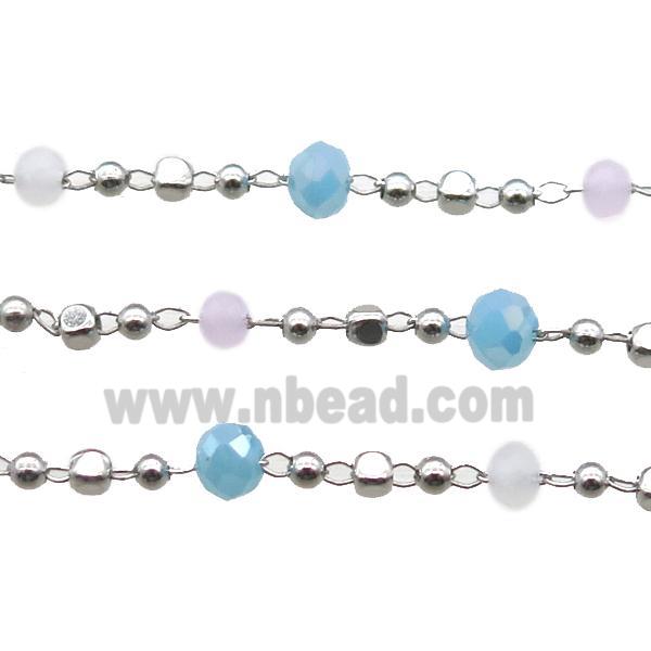 copper chain with crystal glass bead, faceted rondelle, platinum