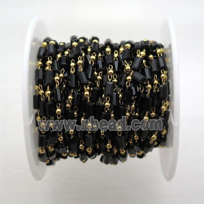 copper chain with black crystal glass beads, tube, gold plated