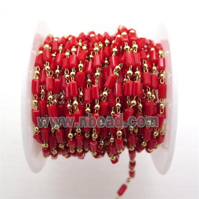 copper chain with red crystal glass beads, tube, gold plated