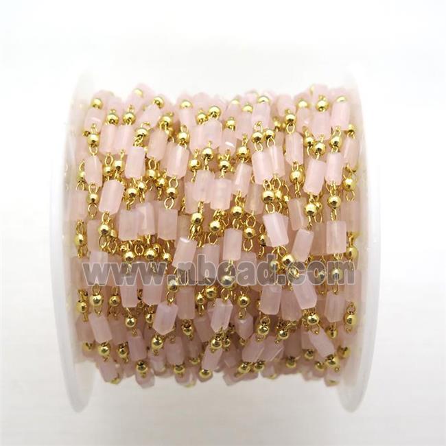 copper chain with pink crystal glass beads, tube, gold plated