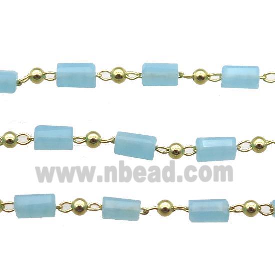 copper chain with blue crystal glass beads, tube, gold plated