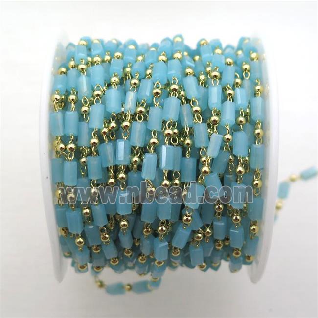 copper chain with blue crystal glass beads, tube, gold plated