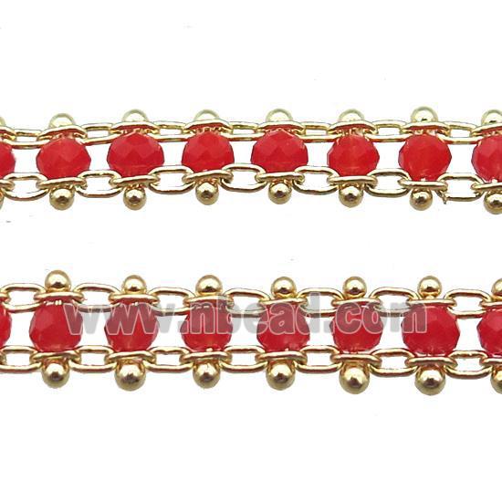 copper chain with red crystal glass beads, tube, gold plated