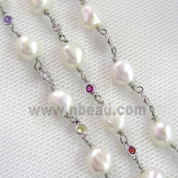 white Pearl chain with zircon, platinum plated
