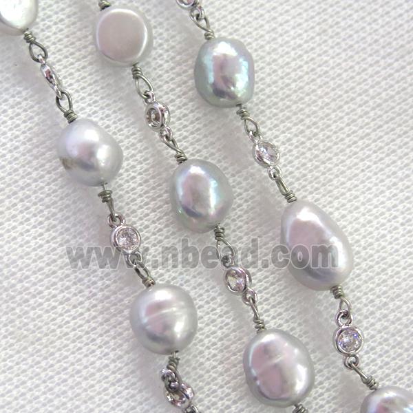 gray Pearl chain with zircon, platinum plated