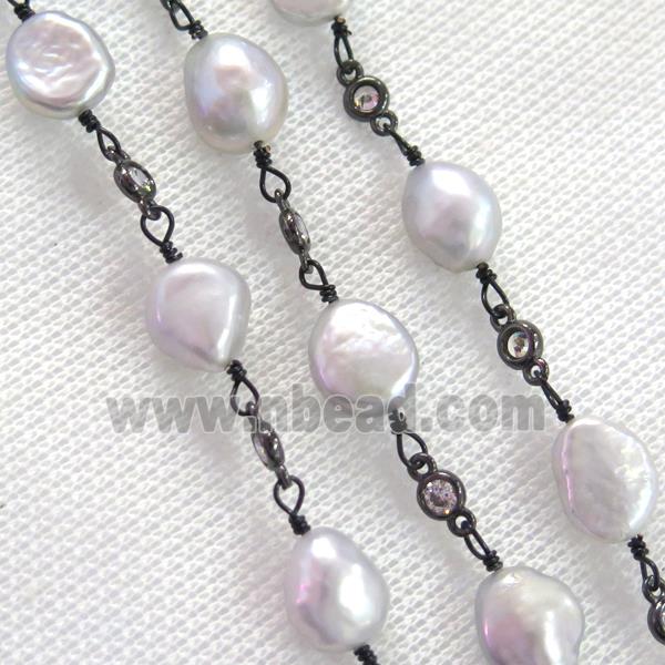 gray Pearl chain with zircon, black plated