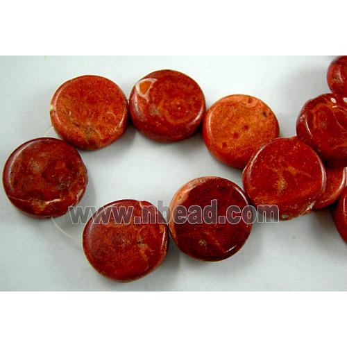 Natural Coral Beads, sponge, red, flat-round