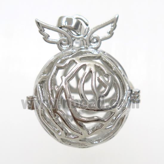 copper locket pendant, angel wing, platinum plated