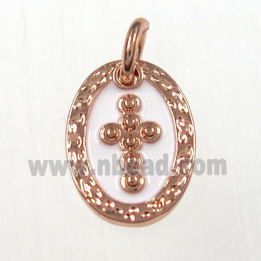 copper oval cross pendants, enamel, rose plated