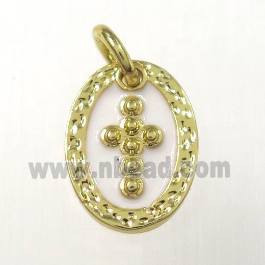 copper oval cross pendants, enamel, gold plated