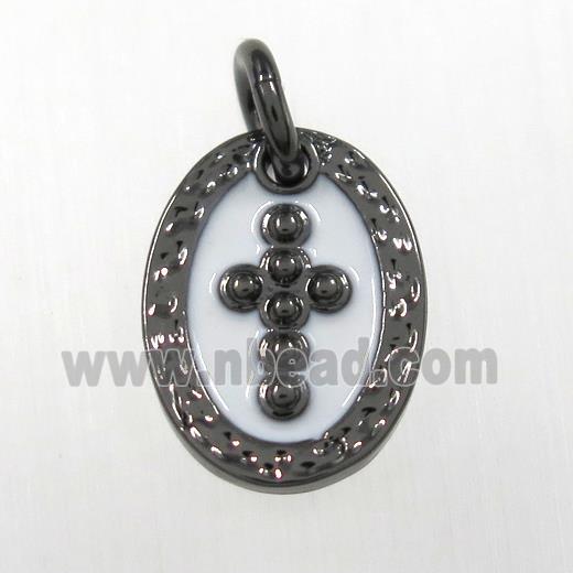 copper oval cross pendants, enamel, black plated