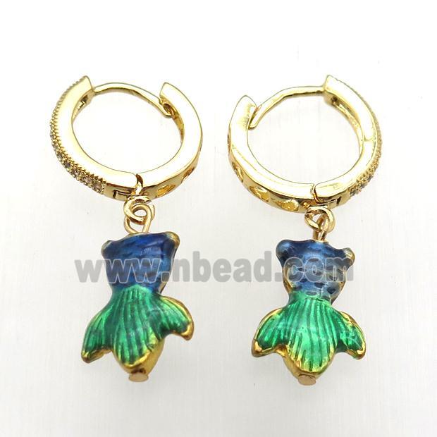 copper hoop earring paved zircon with enameling goldfish, gold plated