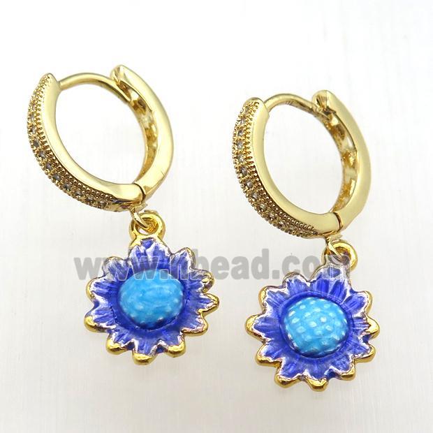 copper hoop earring paved zircon with enameling sunflower, gold plated