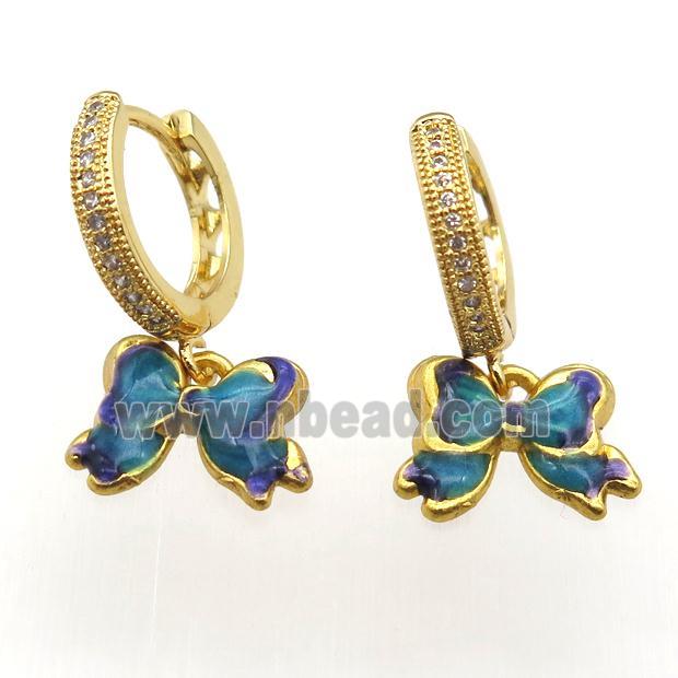copper hoop earring paved zircon with enameling butterfly, gold plated