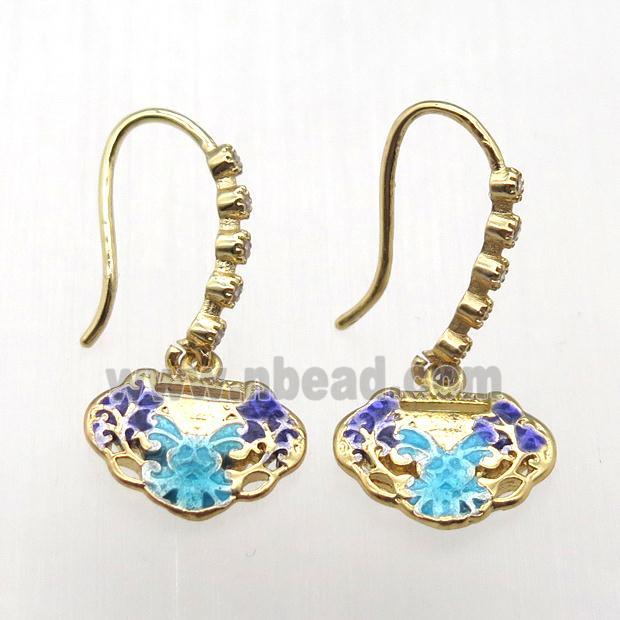 copper hook earrings paved zircon with enameling lock, gold plated