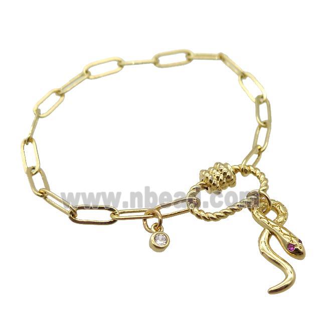 copper paperclip bracelet with carabiner lock, snake, gold plated