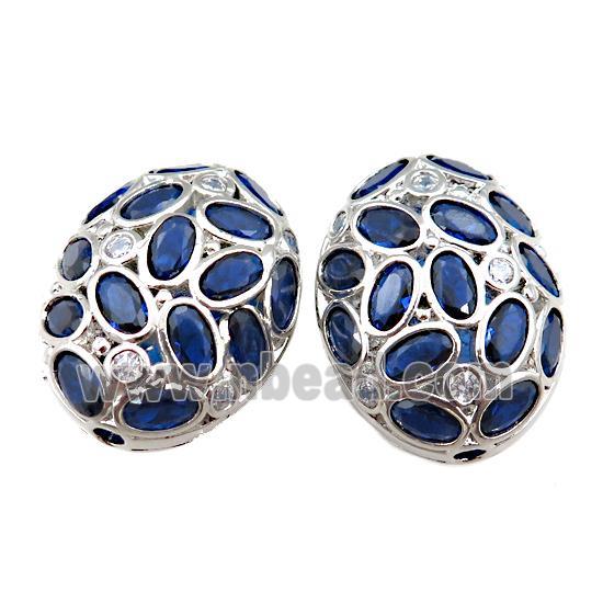 copper oval beads pave blue zircon, hollow, platinum plated