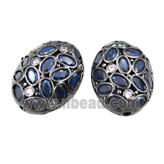 copper oval beads pave blue zircon, hollow, black plated