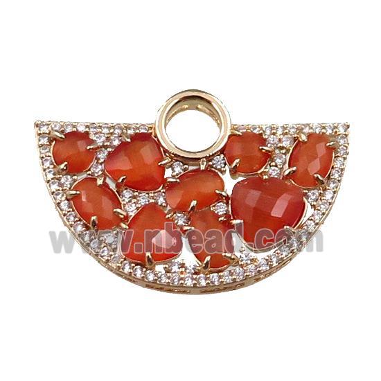 copper fan hollow pendant paved zircon with orange crystal glass, gold plated