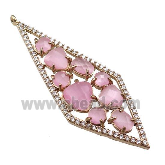 copper polygon pendant paved zircon with pink crystal glass, hollow, gold plated