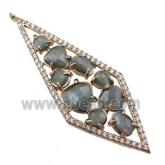 copper polygon pendant paved zircon with gray crystal glass, hollow, gold plated