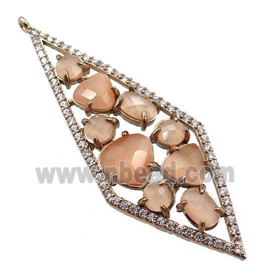 copper polygon pendant paved zircon with peach crystal glass, hollow, gold plated