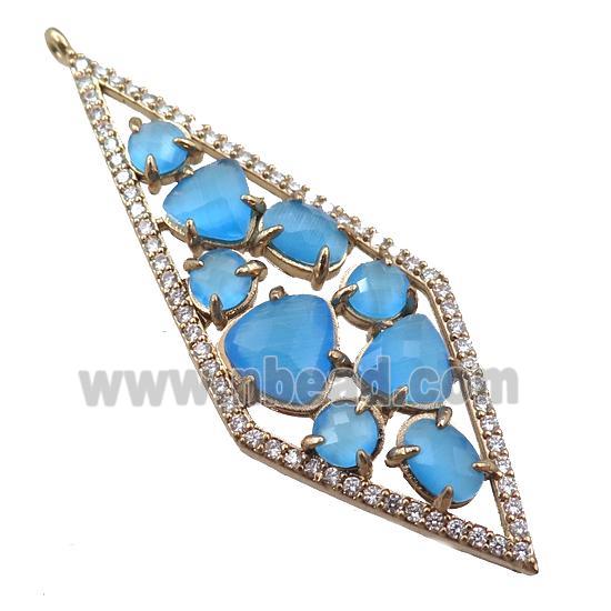 copper polygon pendant paved zircon with blue crystal glass, hollow, gold plated
