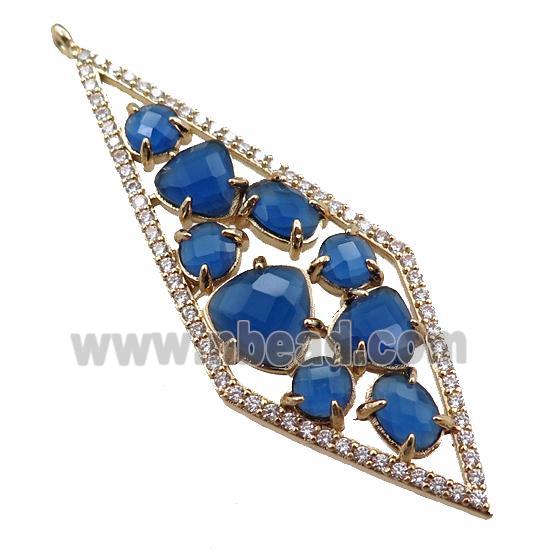 copper polygon pendant paved zircon with royalblue crystal glass, hollow, gold plated