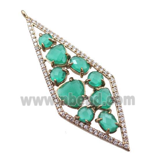 copper polygon pendant paved zircon with green crystal glass, hollow, gold plated