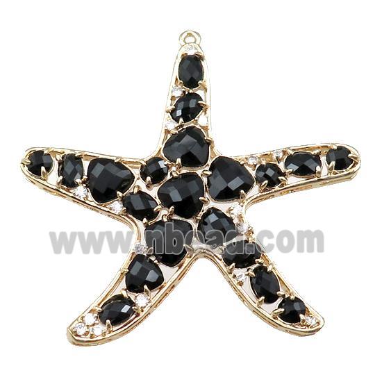 copper starfish pendant paved zircon with black crystal glass, hollow, gold plated