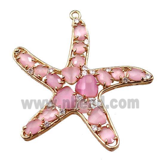 copper starfish pendant paved zircon with pink crystal glass, hollow, gold plated
