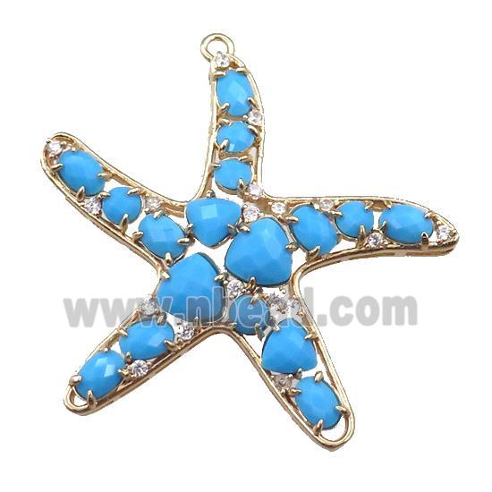 copper starfish pendant paved zircon with blue crystal glass, hollow, gold plated