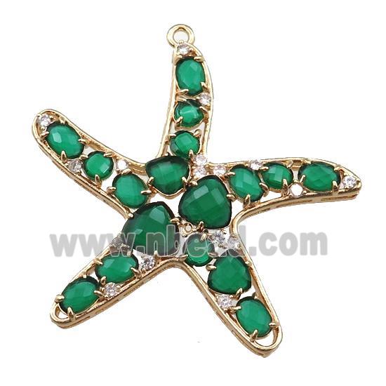 copper starfish pendant paved zircon with green crystal glass, hollow, gold plated