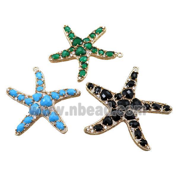 copper starfish pendant paved zircon with crystal glass, mixed, hollow, gold plated