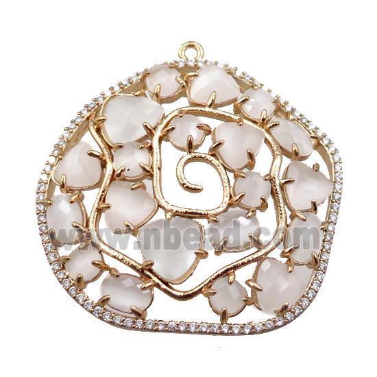 copper flower pendant paved zircon with white crystal glass, hollow, gold plated