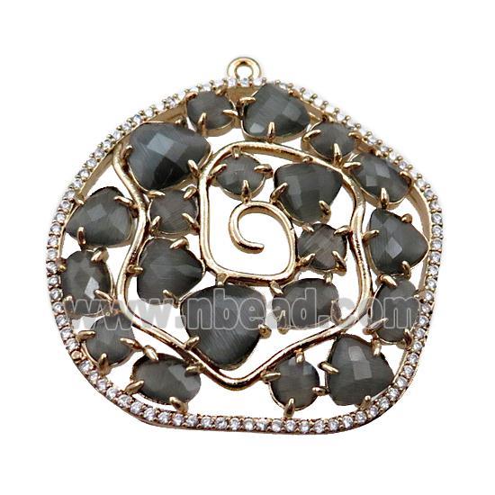 copper flower pendant paved zircon with gray crystal glass, hollow, gold plated