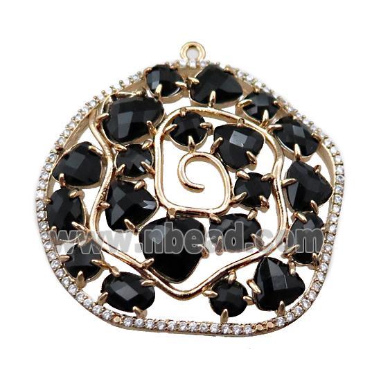 copper flower pendant paved zircon with black crystal glass, hollow, gold plated