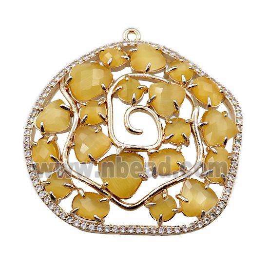 copper flower pendant paved zircon with yellow crystal glass, hollow, gold plated