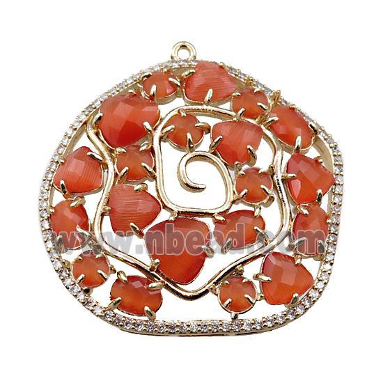 copper flower pendant paved zircon with orange crystal glass, hollow, gold plated